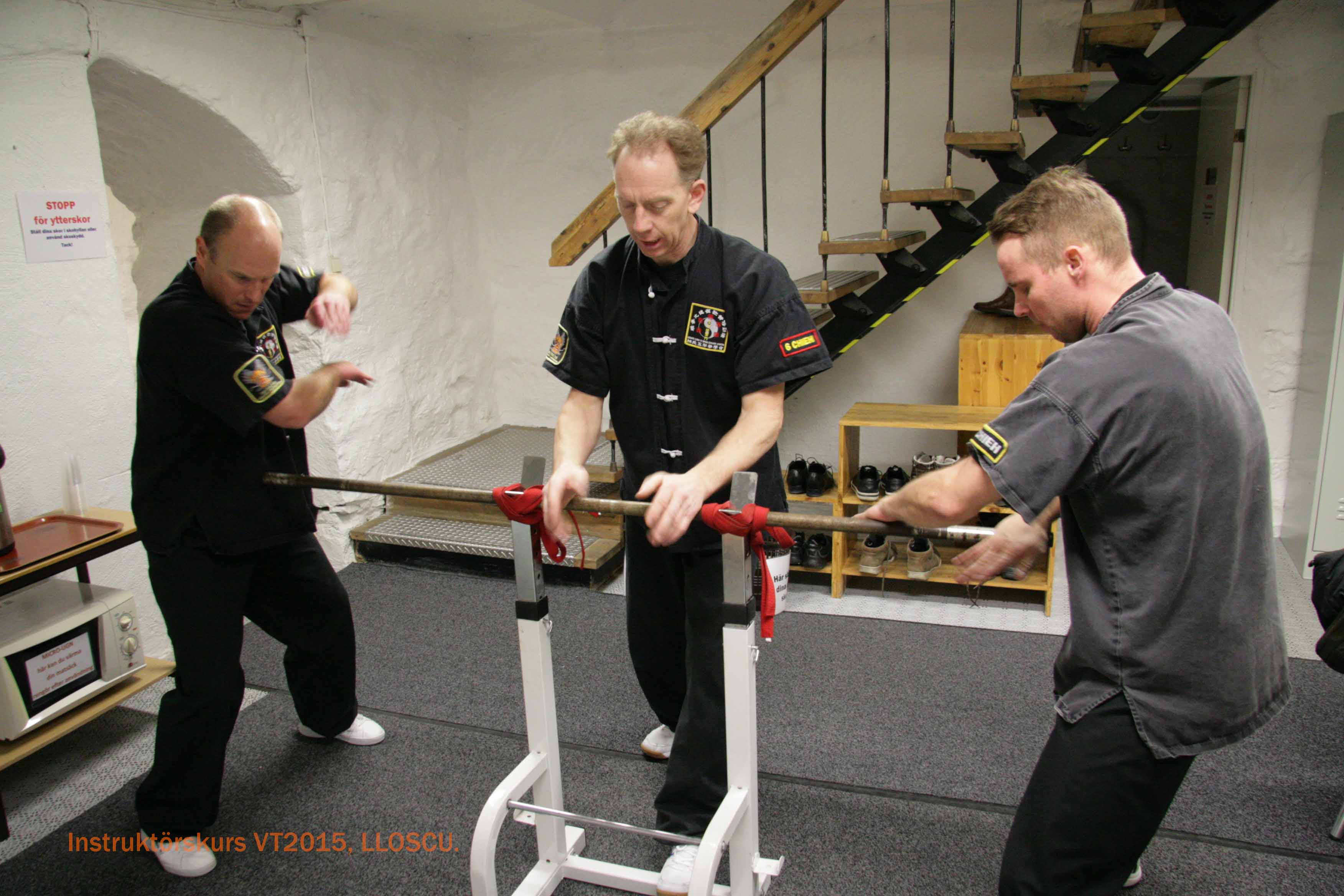 Louis Linn O Shin Chuen Union Instructors course,  Laoshi Tomas Törnkvist, Sifu Peter Renström and Laoshi Jani Minkkinen practising iron bar training.